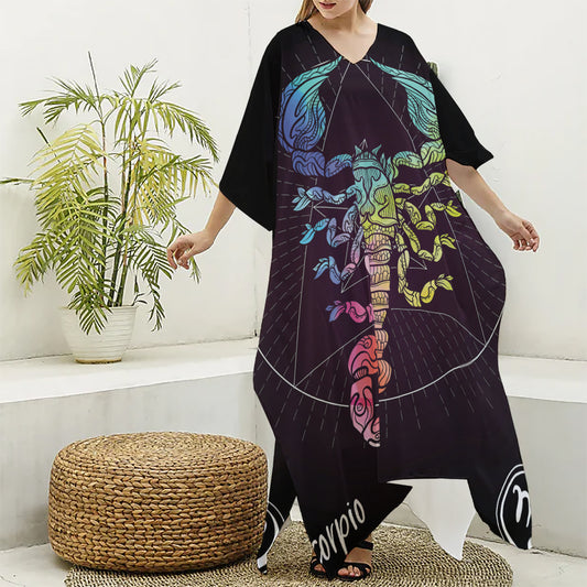 Colorful Scorpio Sign Print Silk V-Neck Kaftan Dress