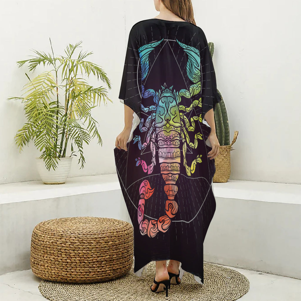 Colorful Scorpio Sign Print Silk V-Neck Kaftan Dress