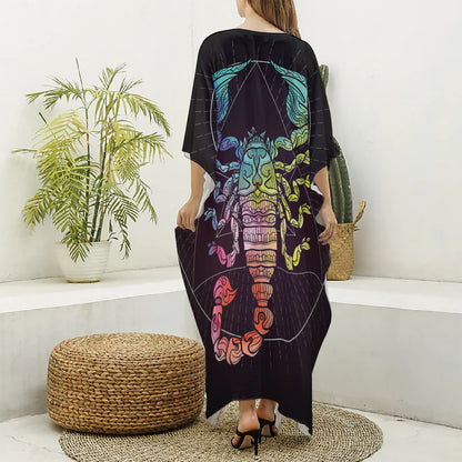 Colorful Scorpio Sign Print Silk V-Neck Kaftan Dress