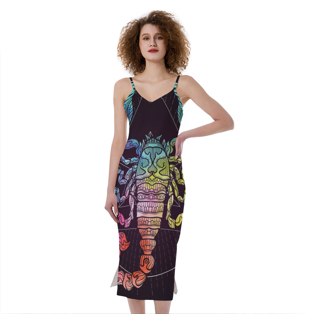 Colorful Scorpio Sign Print Slim Fit Midi Cami Dress