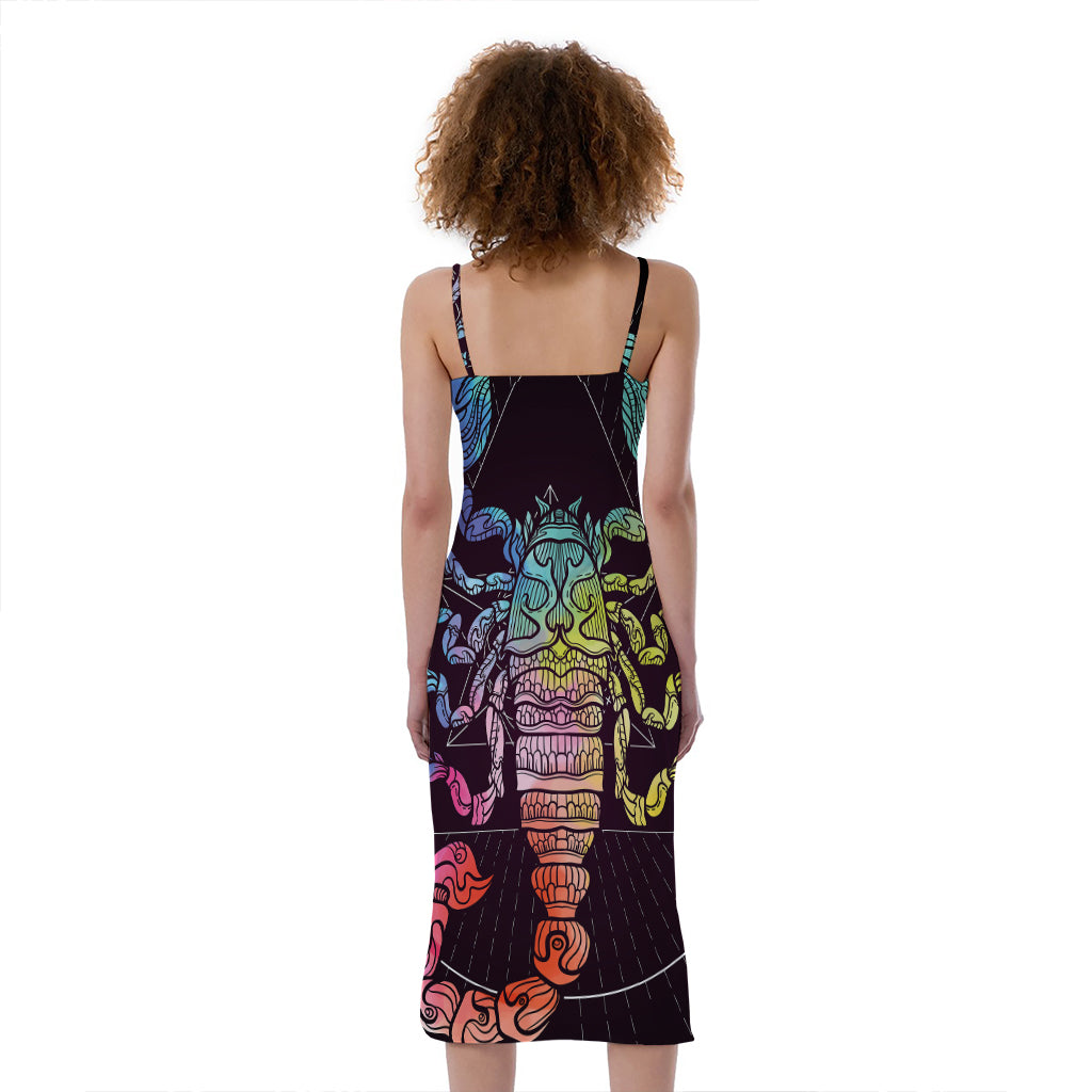 Colorful Scorpio Sign Print Slim Fit Midi Cami Dress