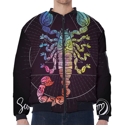 Colorful Scorpio Sign Print Zip Sleeve Bomber Jacket