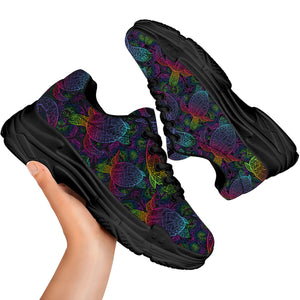 Colorful Sea Turtle Pattern Print Black Chunky Shoes