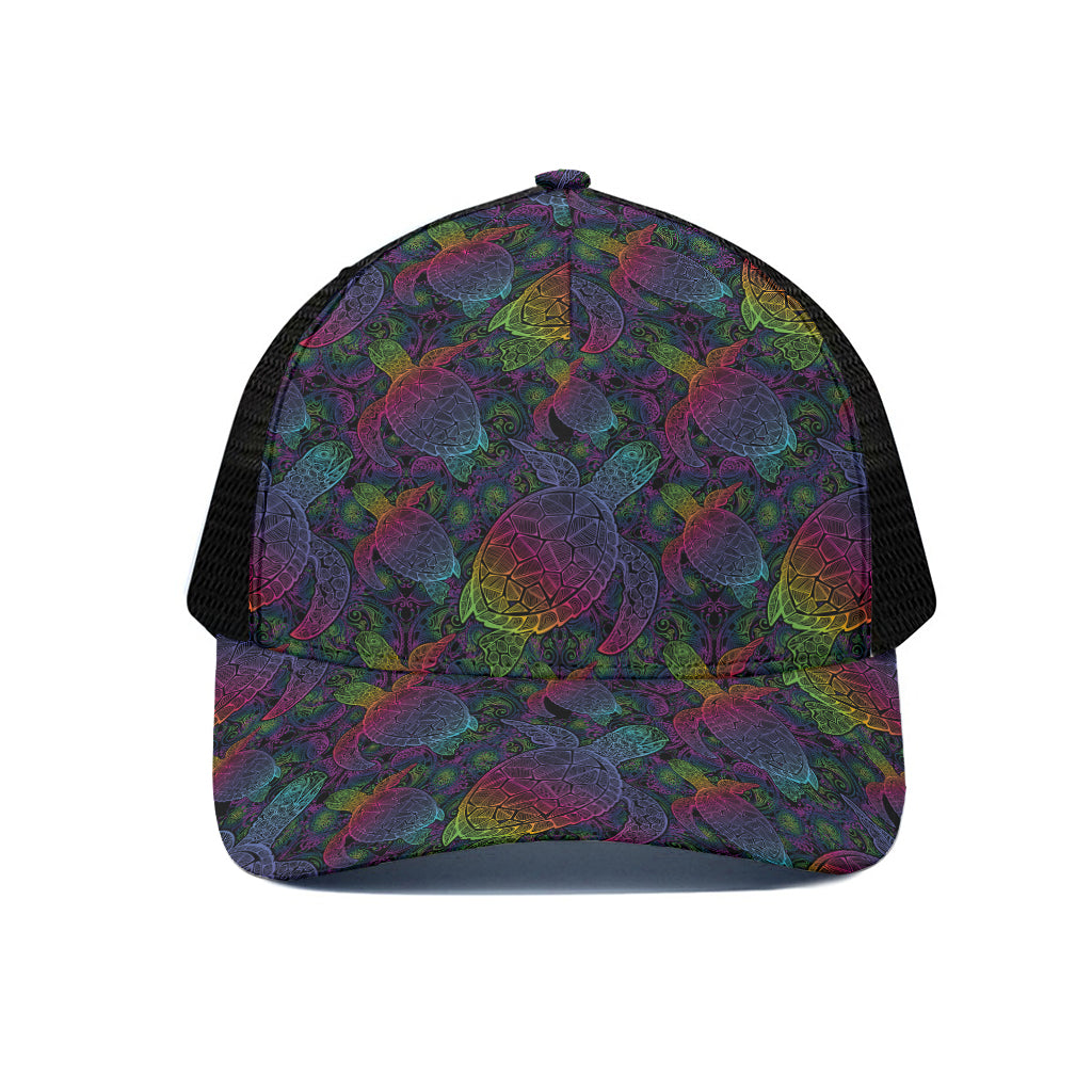 Colorful Sea Turtle Pattern Print Black Mesh Trucker Cap