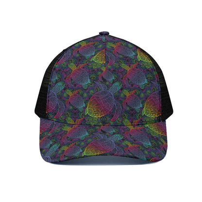 Colorful Sea Turtle Pattern Print Black Mesh Trucker Cap