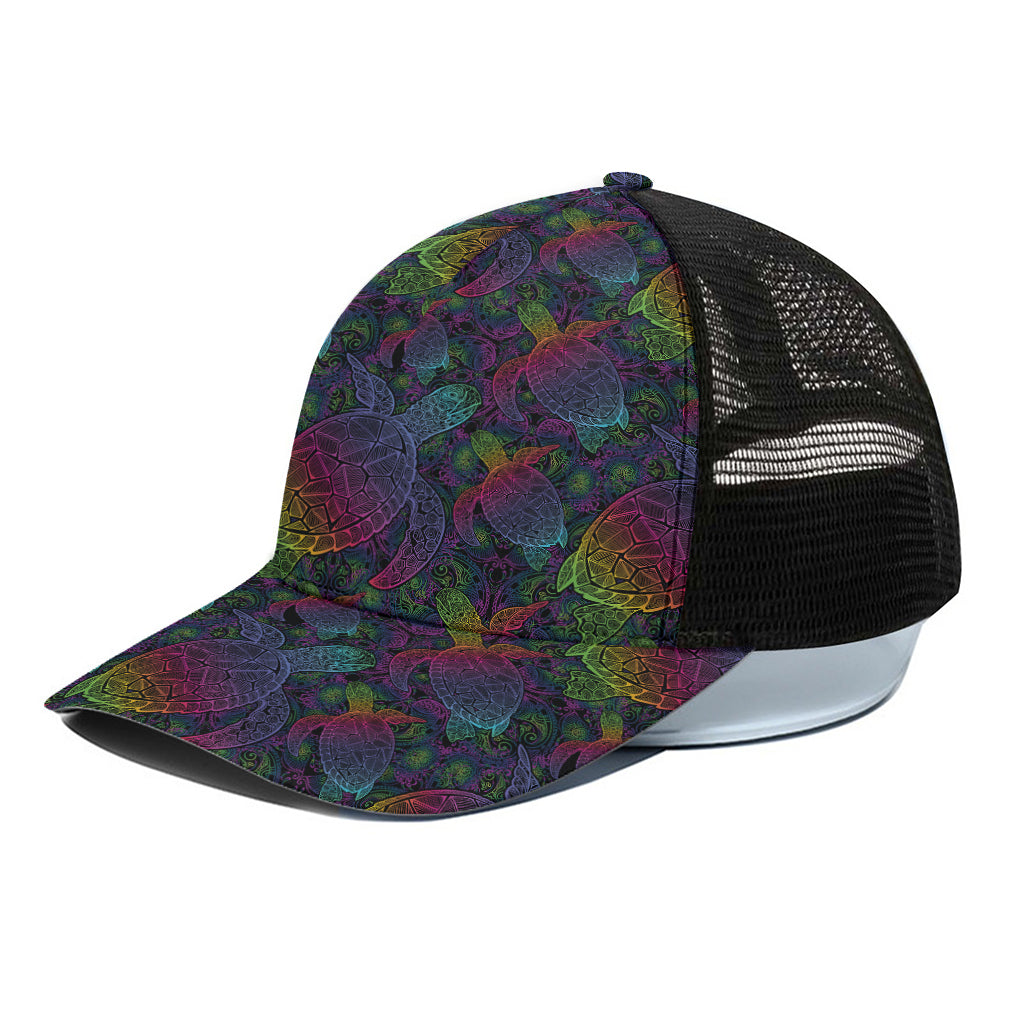 Colorful Sea Turtle Pattern Print Black Mesh Trucker Cap