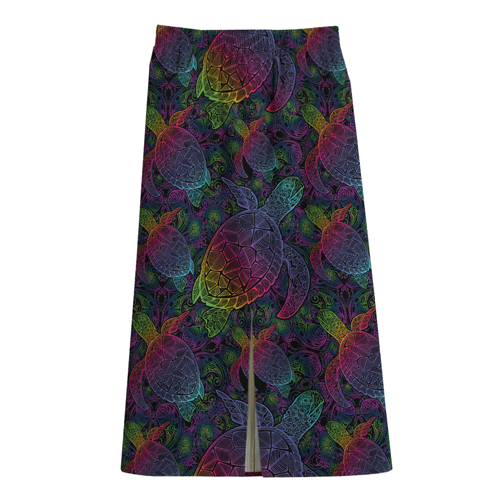 Colorful Sea Turtle Pattern Print Cotton Front Slit Maxi Skirt