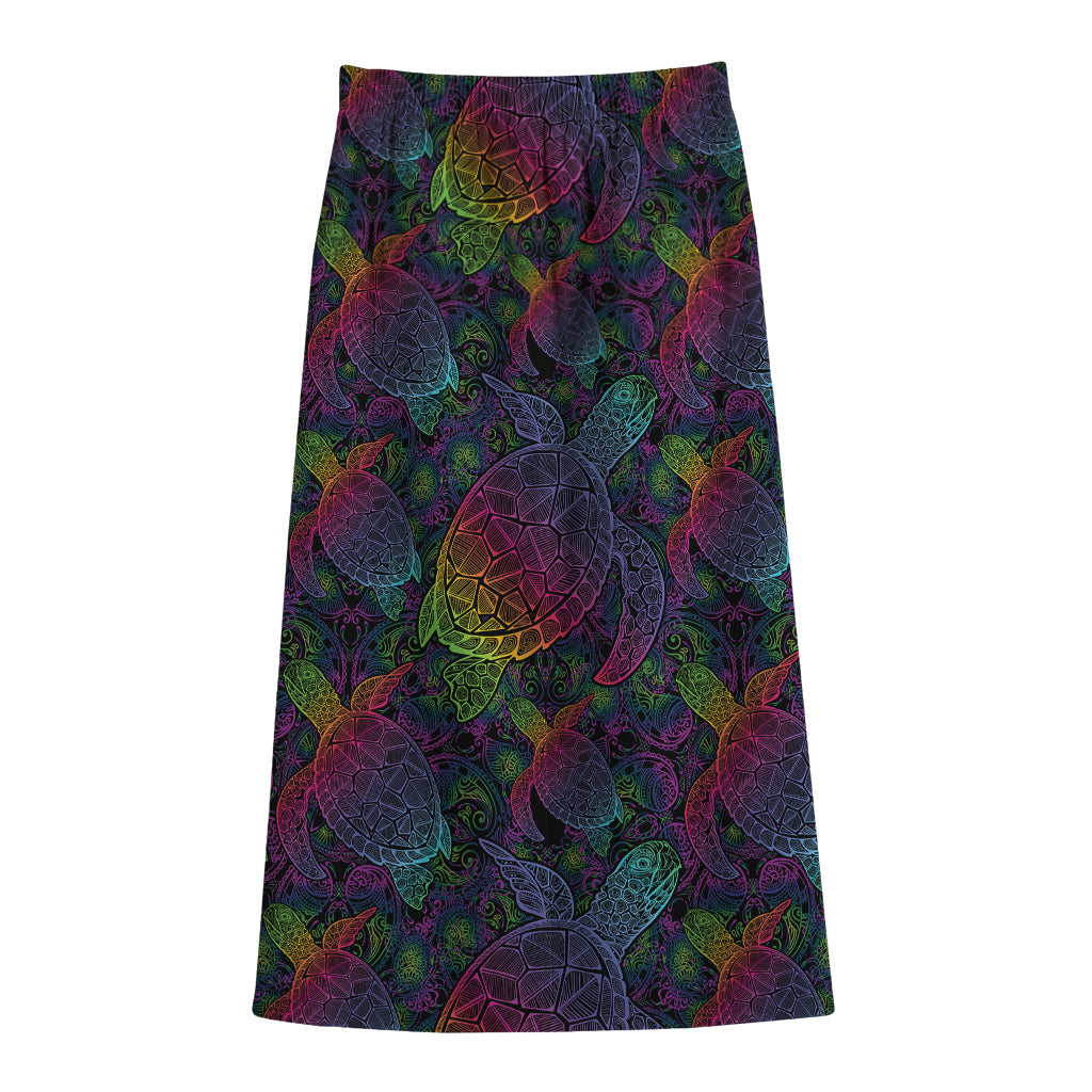 Colorful Sea Turtle Pattern Print Cotton Front Slit Maxi Skirt