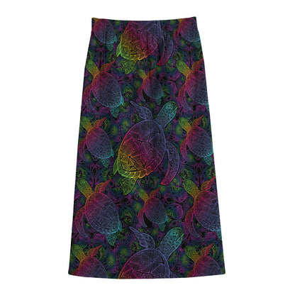 Colorful Sea Turtle Pattern Print Cotton Front Slit Maxi Skirt
