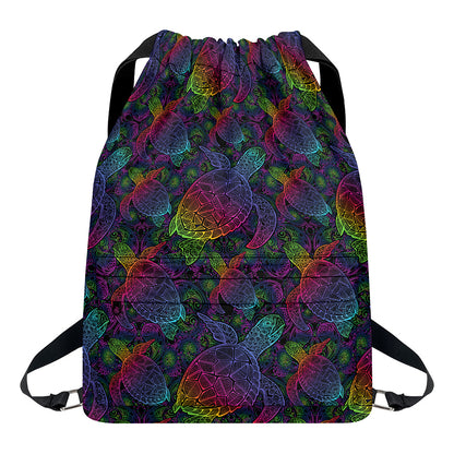 Colorful Sea Turtle Pattern Print Drawstring Backpack