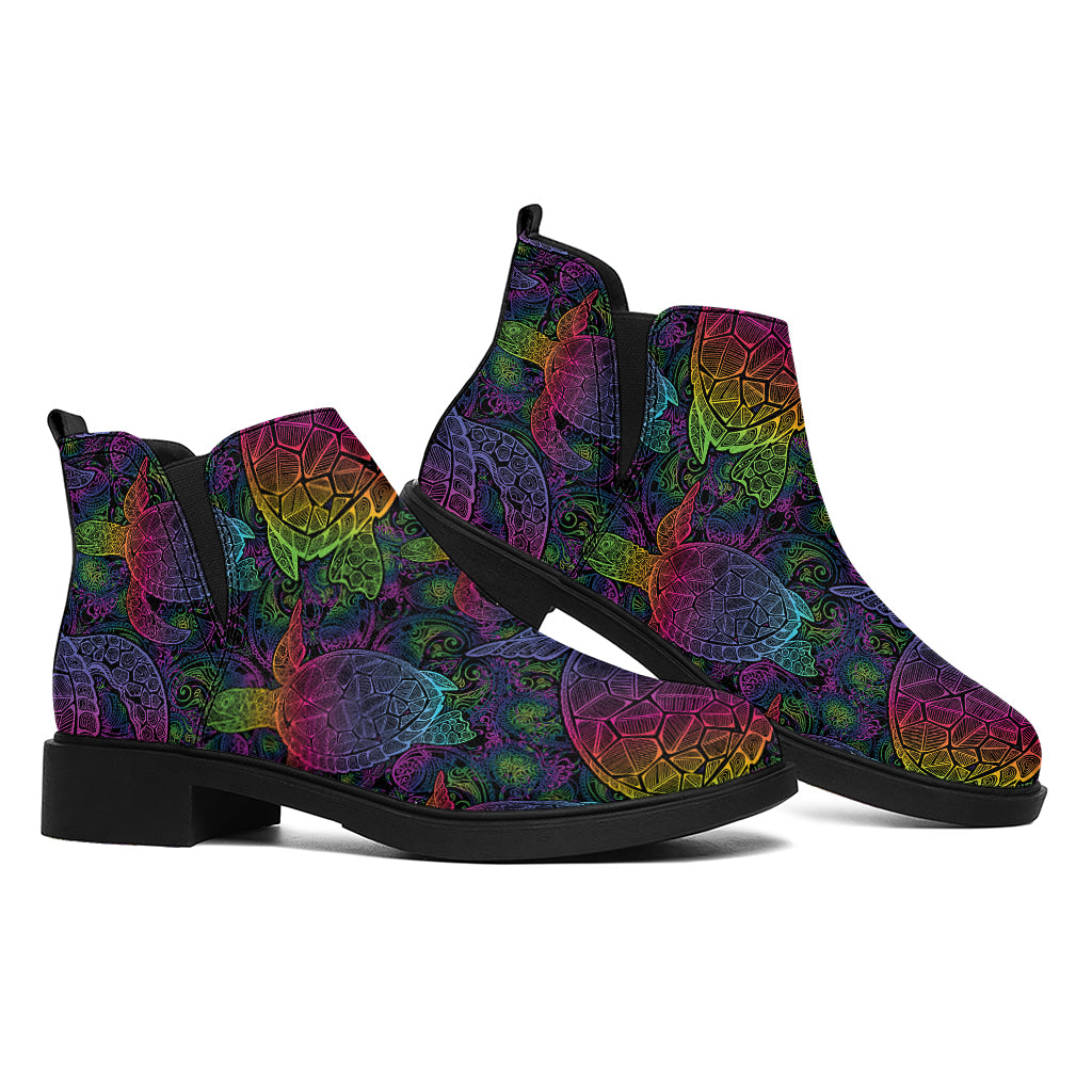 Colorful Sea Turtle Pattern Print Flat Ankle Boots