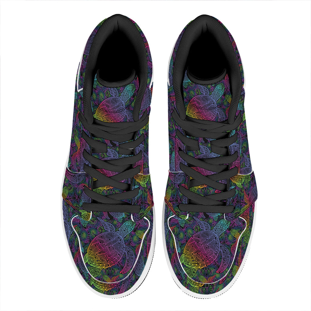 Colorful Sea Turtle Pattern Print High Top Leather Sneakers