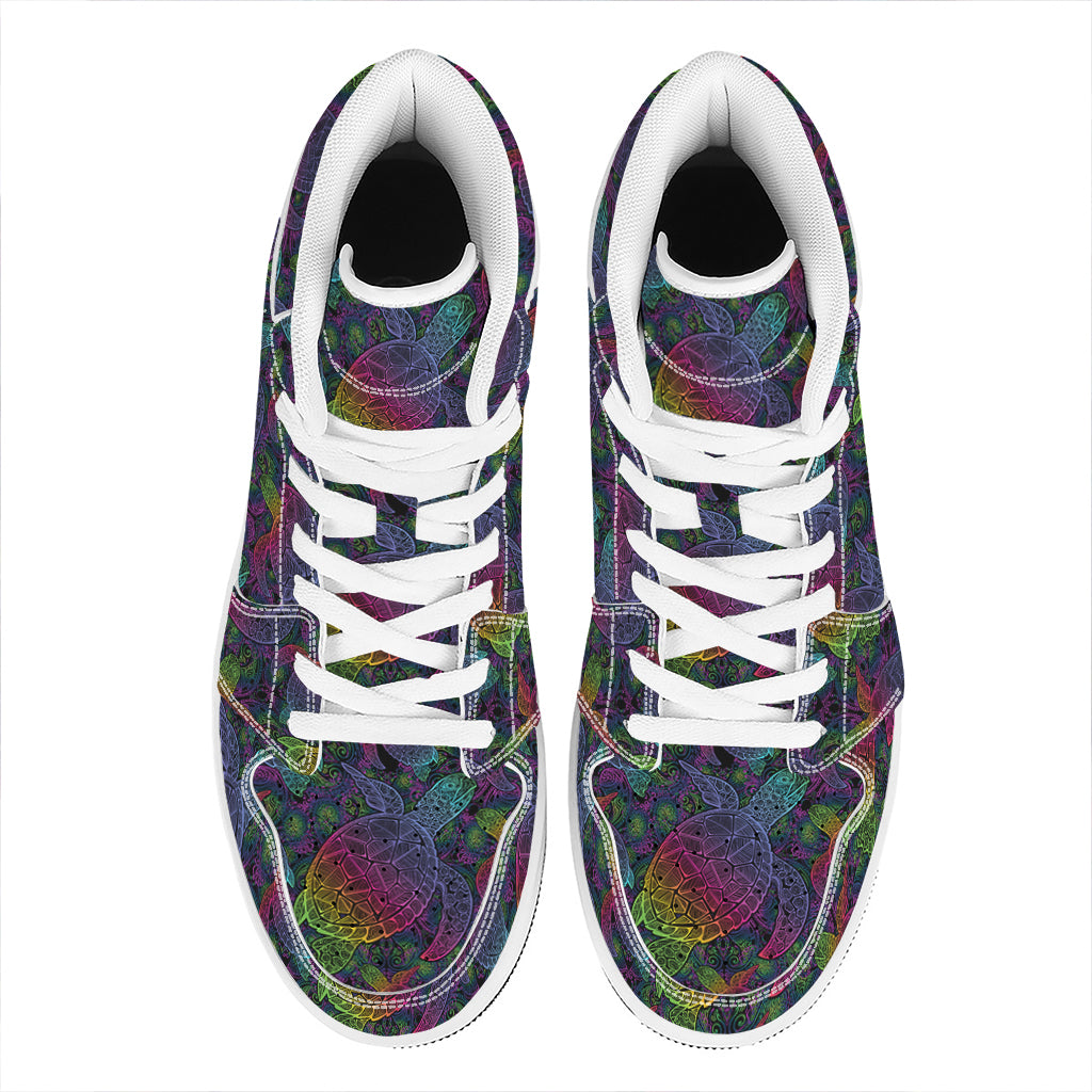 Colorful Sea Turtle Pattern Print High Top Leather Sneakers