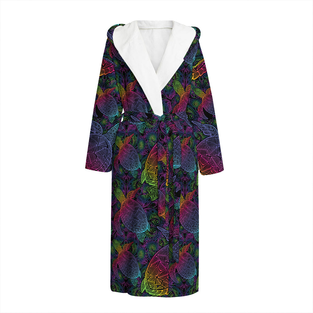 Colorful Sea Turtle Pattern Print Hooded Bathrobe