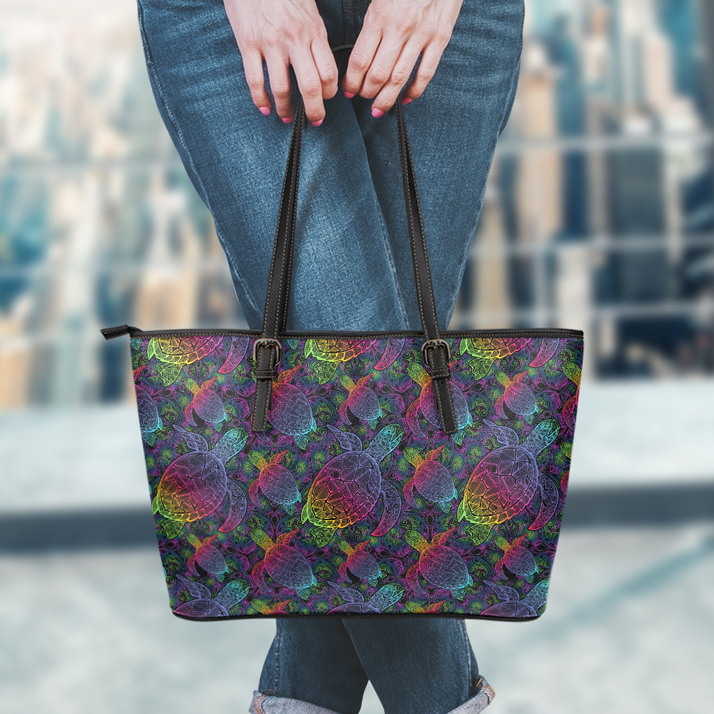 Colorful Sea Turtle Pattern Print Leather Tote Bag