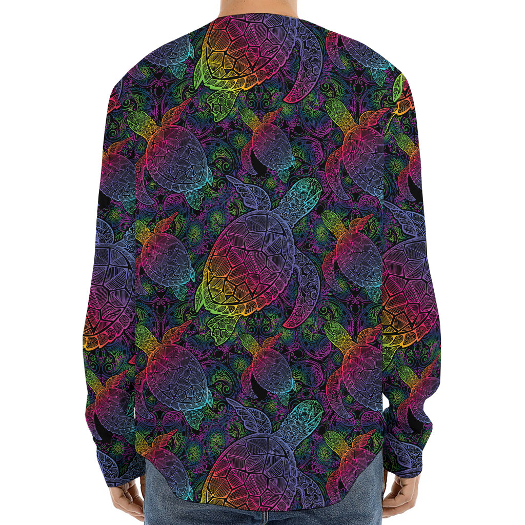 Colorful Sea Turtle Pattern Print Long Sleeve Baseball Jersey