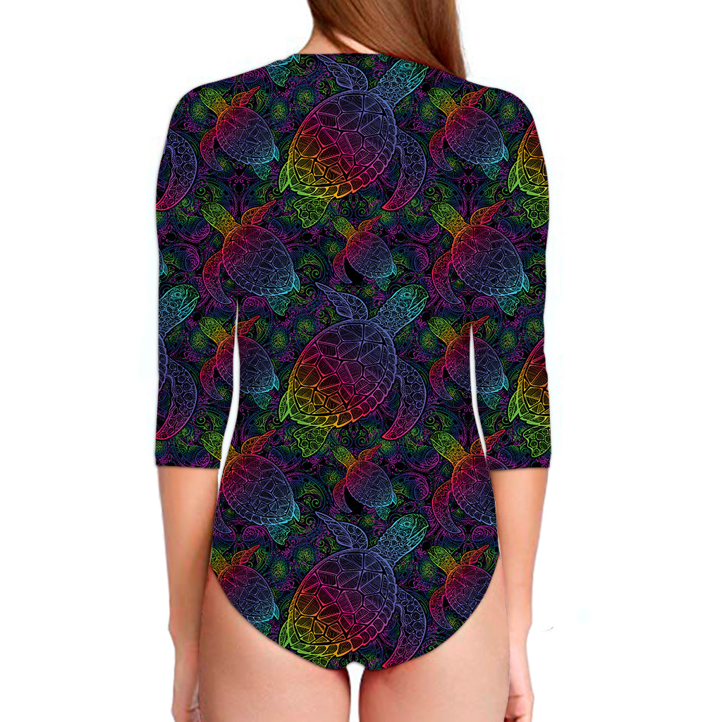 Colorful Sea Turtle Pattern Print Long Sleeve Swimsuit