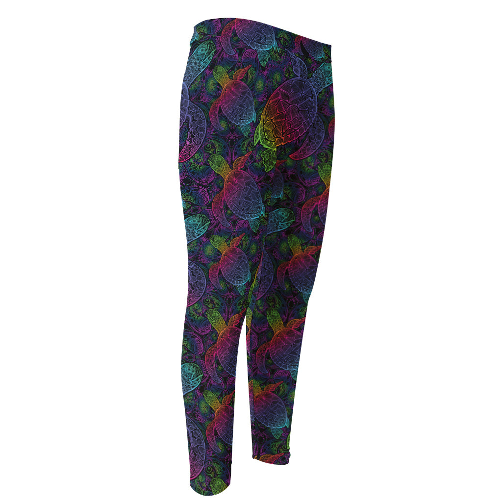 Colorful Sea Turtle Pattern Print Men's Compression Pants