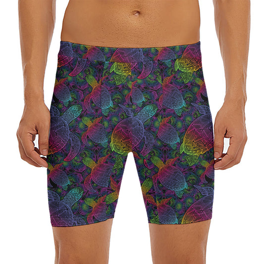 Colorful Sea Turtle Pattern Print Men's Long Boxer Briefs