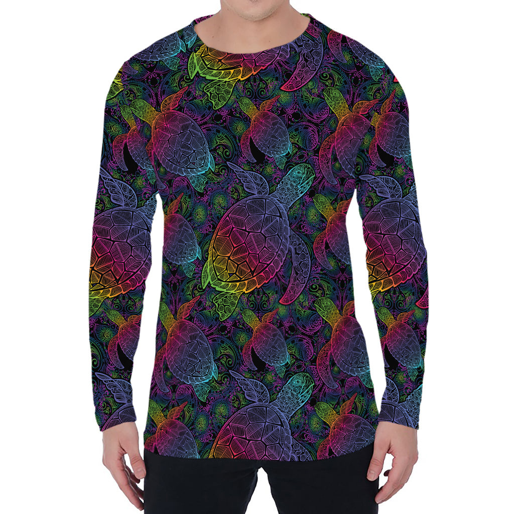 Colorful Sea Turtle Pattern Print Men's Long Sleeve T-Shirt