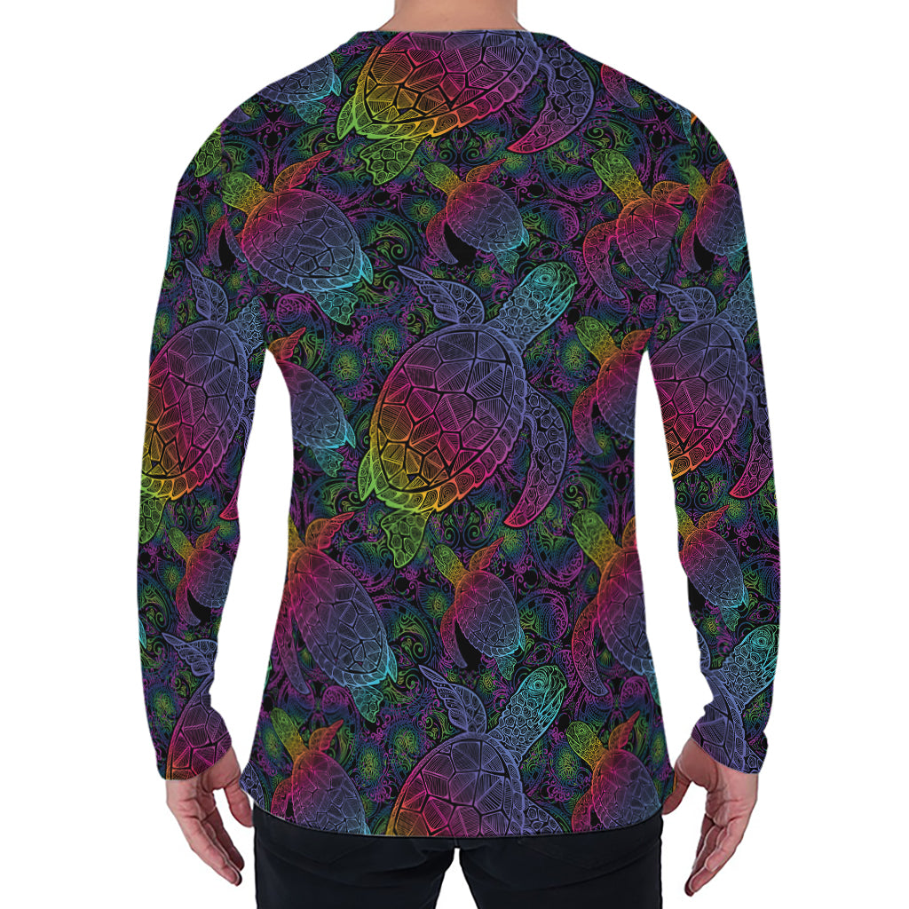 Colorful Sea Turtle Pattern Print Men's Long Sleeve T-Shirt