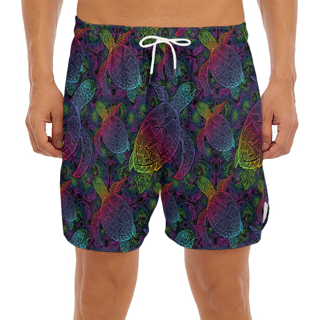 Colorful Sea Turtle Pattern Print Men's Split Running Shorts