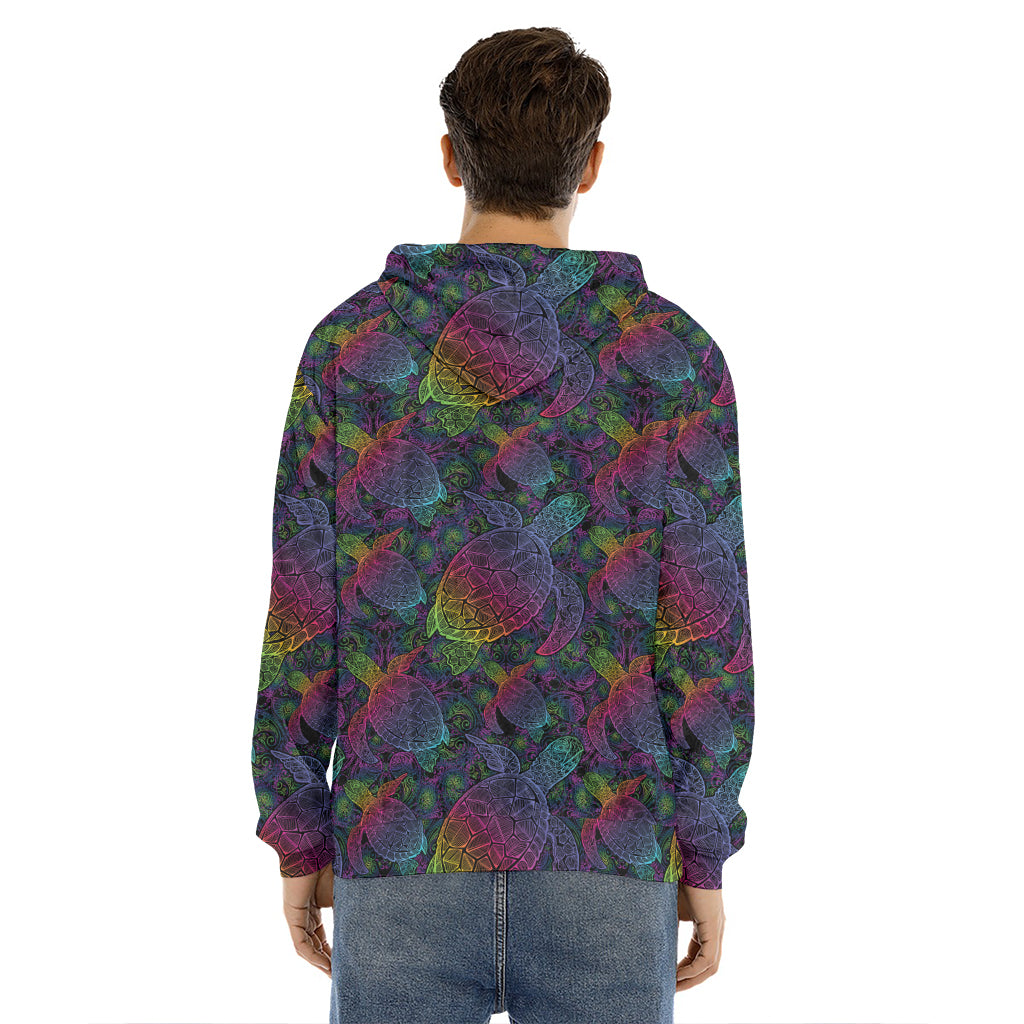 Colorful Sea Turtle Pattern Print Men's Velvet Pullover Hoodie