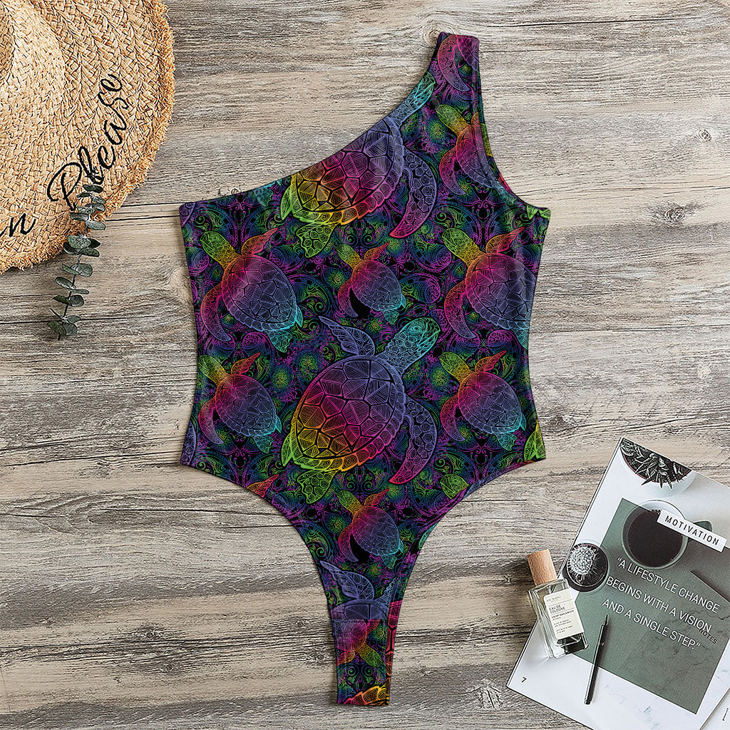 Colorful Sea Turtle Pattern Print One Shoulder Bodysuit