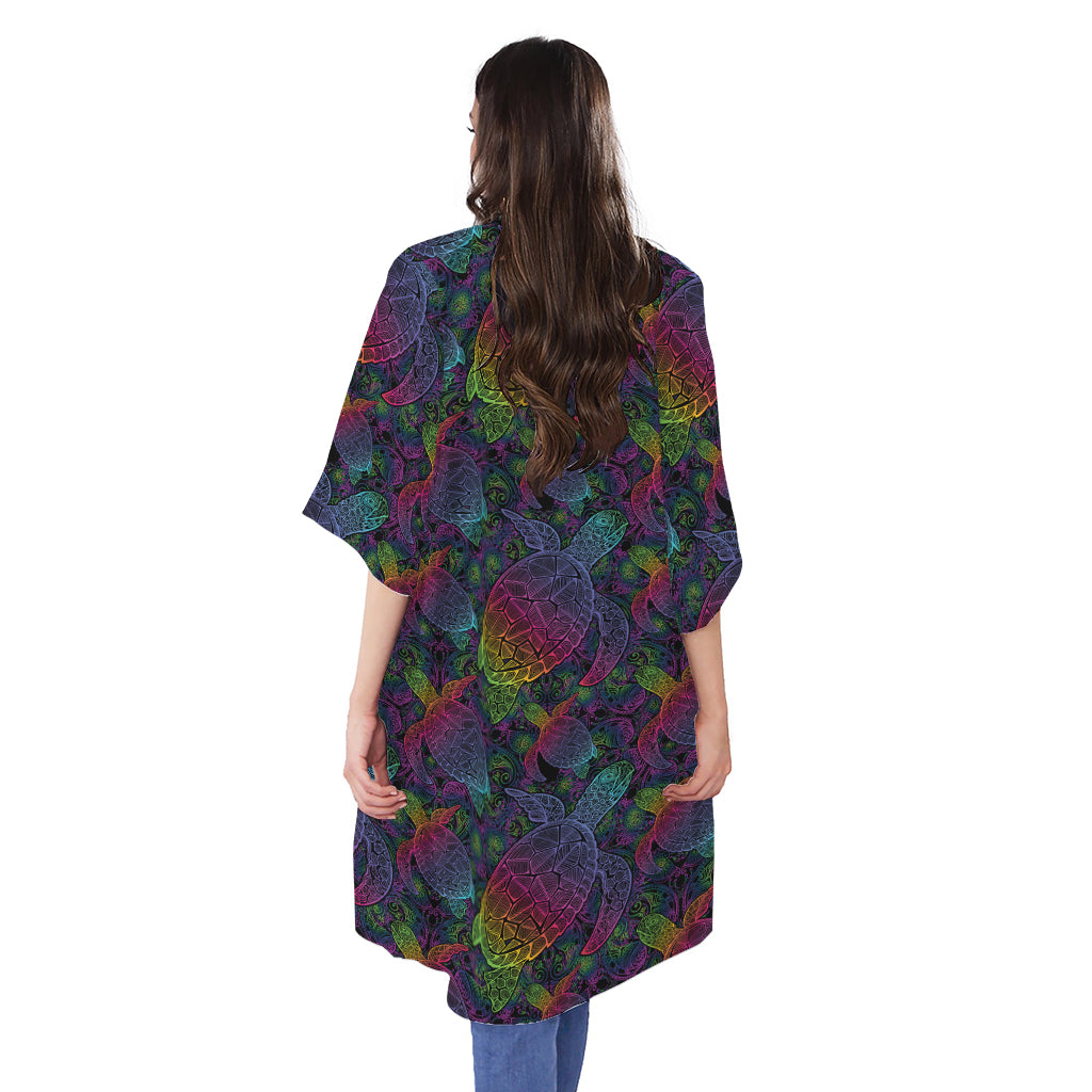 Colorful Sea Turtle Pattern Print Open Front Beach Cover Up