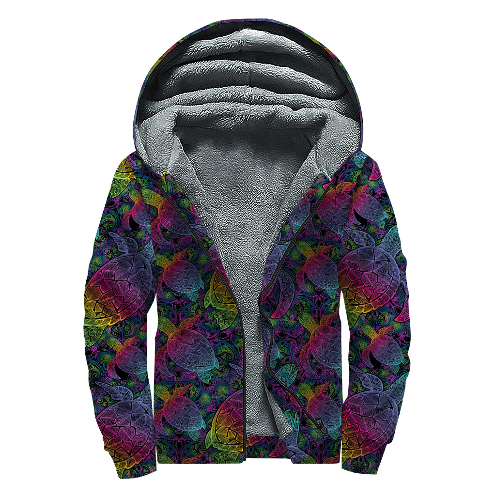 Colorful Sea Turtle Pattern Print Sherpa Lined Zip Up Hoodie