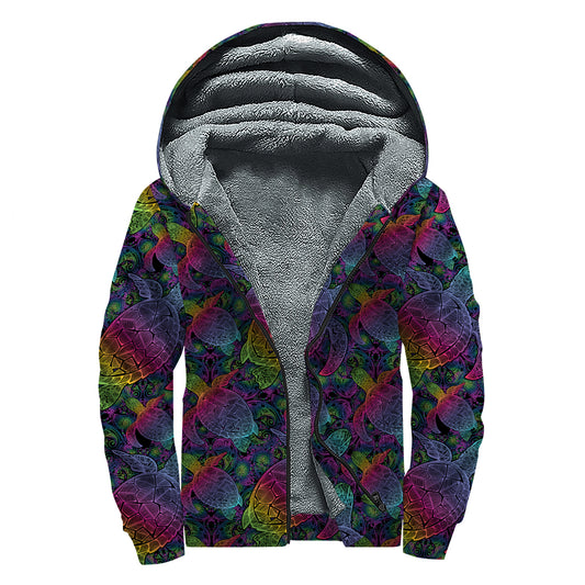 Colorful Sea Turtle Pattern Print Sherpa Lined Zip Up Hoodie