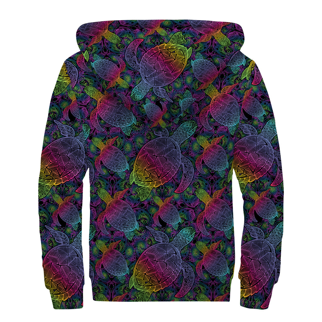 Colorful Sea Turtle Pattern Print Sherpa Lined Zip Up Hoodie