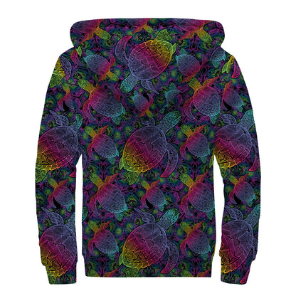 Colorful Sea Turtle Pattern Print Sherpa Lined Zip Up Hoodie