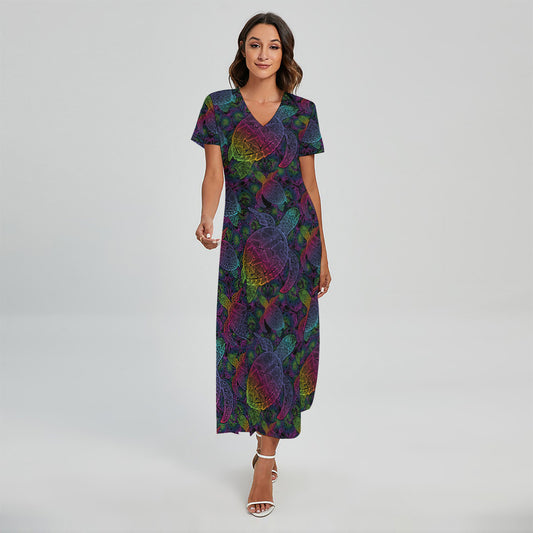 Colorful Sea Turtle Pattern Print Short Sleeve Maxi Dress