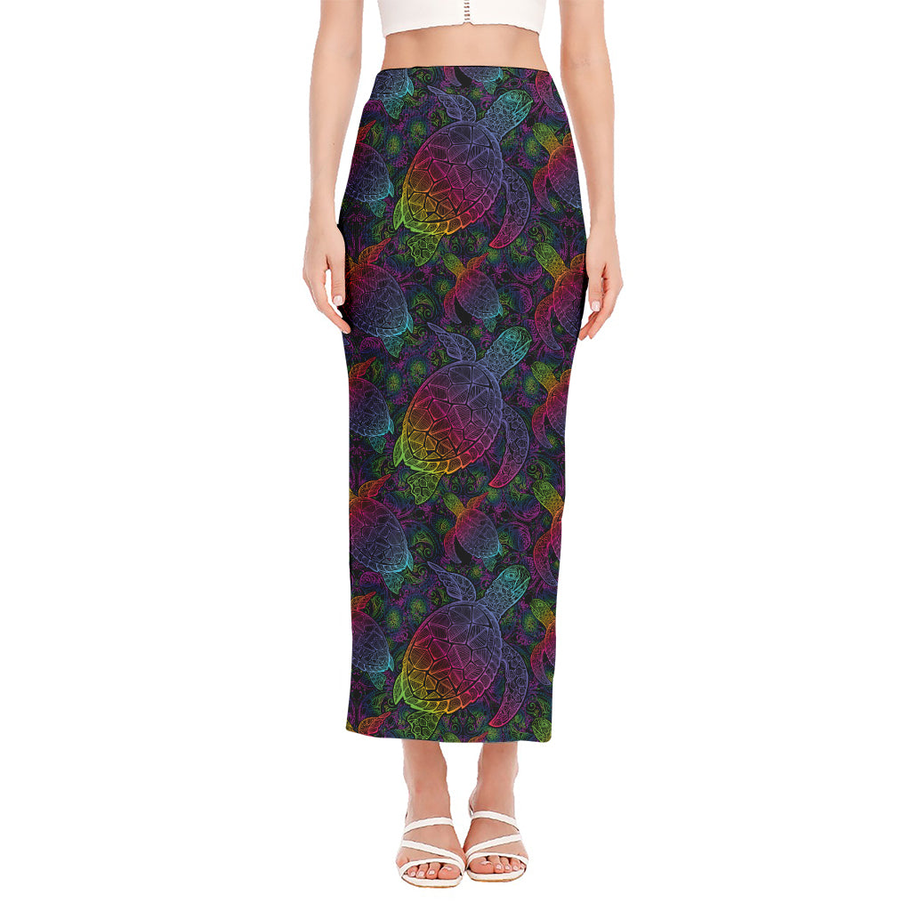 Colorful Sea Turtle Pattern Print Side Slit Maxi Skirt