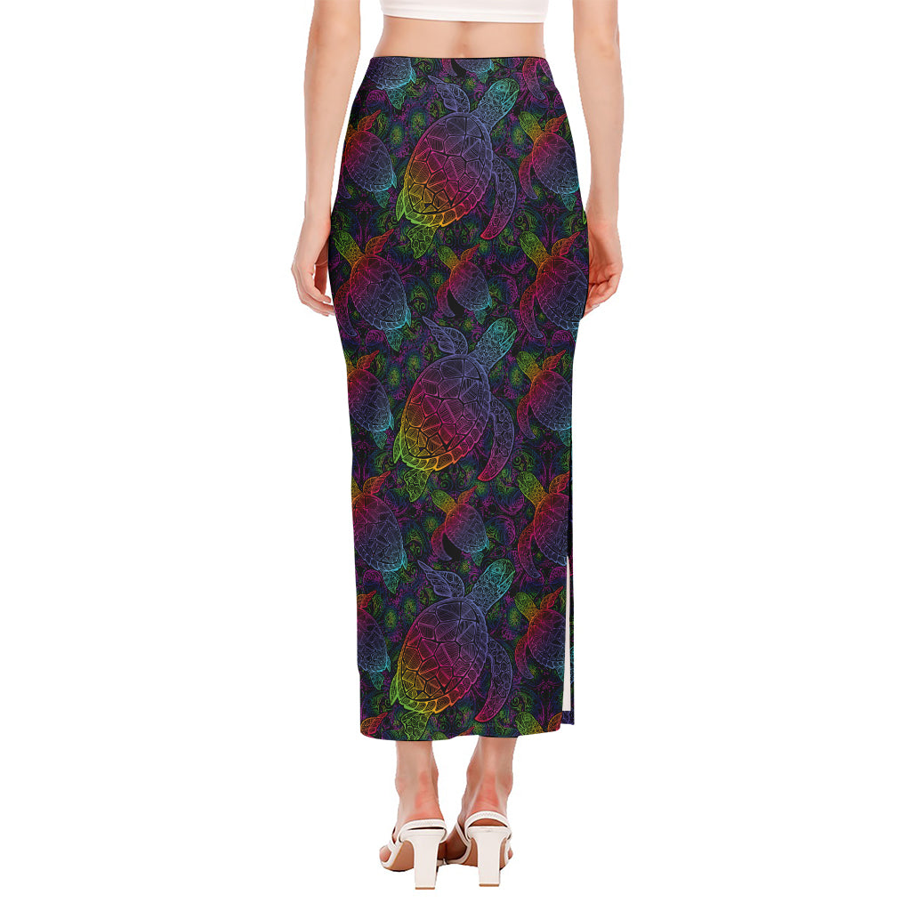 Colorful Sea Turtle Pattern Print Side Slit Maxi Skirt