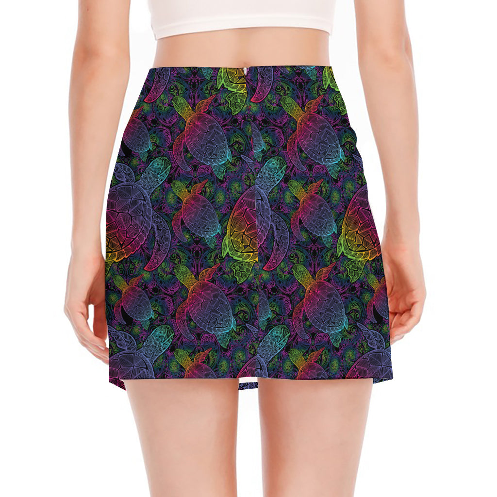 Colorful Sea Turtle Pattern Print Side Slit Mini Skirt