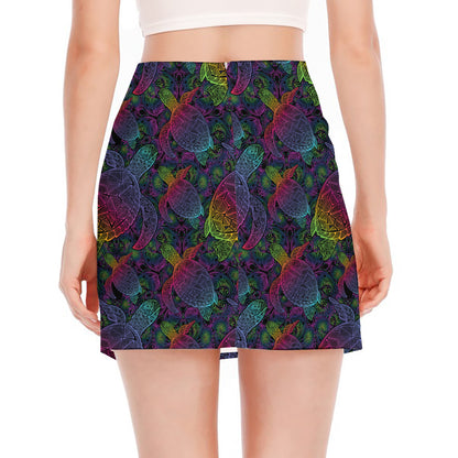 Colorful Sea Turtle Pattern Print Side Slit Mini Skirt