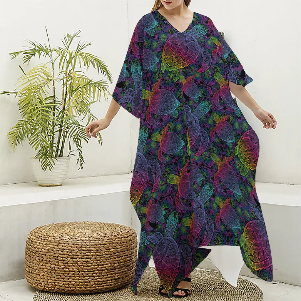 Colorful Sea Turtle Pattern Print Silk V-Neck Kaftan Dress