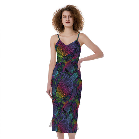 Colorful Sea Turtle Pattern Print Slim Fit Midi Cami Dress