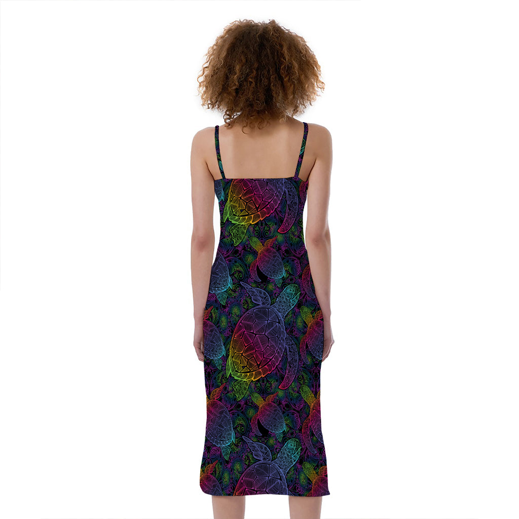 Colorful Sea Turtle Pattern Print Slim Fit Midi Cami Dress