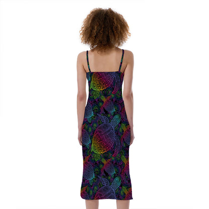 Colorful Sea Turtle Pattern Print Slim Fit Midi Cami Dress
