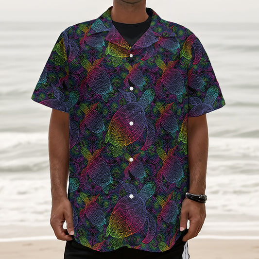 Colorful Sea Turtle Pattern Print Textured Short Sleeve Shirt