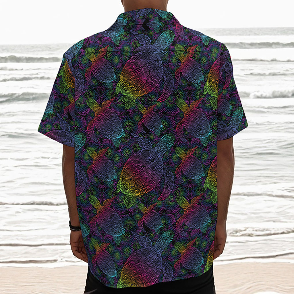 Colorful Sea Turtle Pattern Print Textured Short Sleeve Shirt