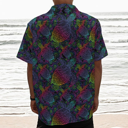 Colorful Sea Turtle Pattern Print Textured Short Sleeve Shirt