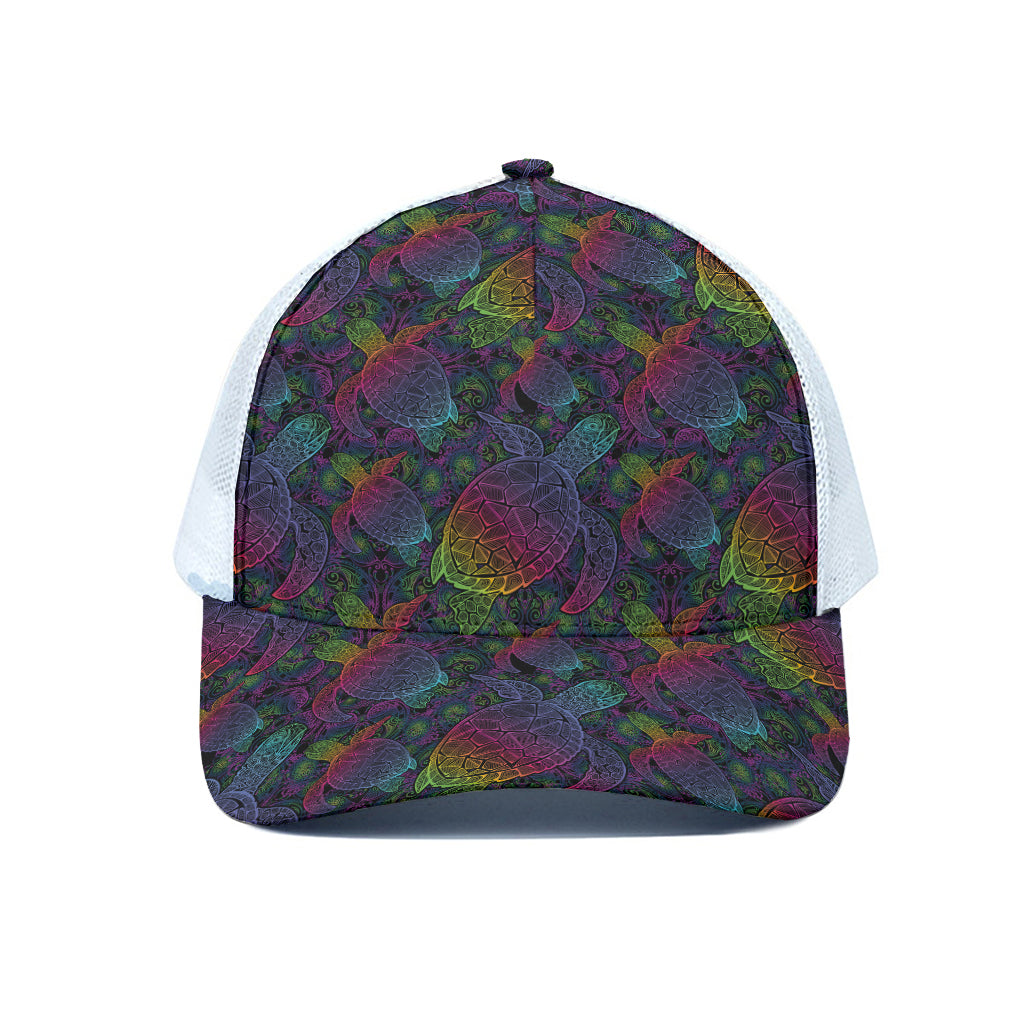 Colorful Sea Turtle Pattern Print White Mesh Trucker Cap