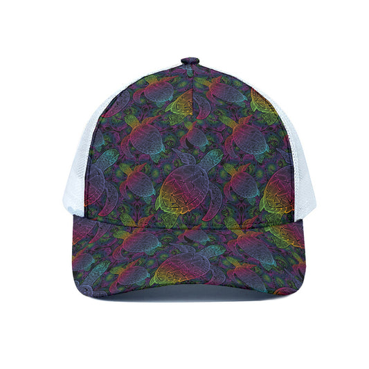 Colorful Sea Turtle Pattern Print White Mesh Trucker Cap