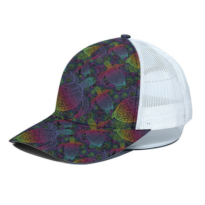 Colorful Sea Turtle Pattern Print White Mesh Trucker Cap