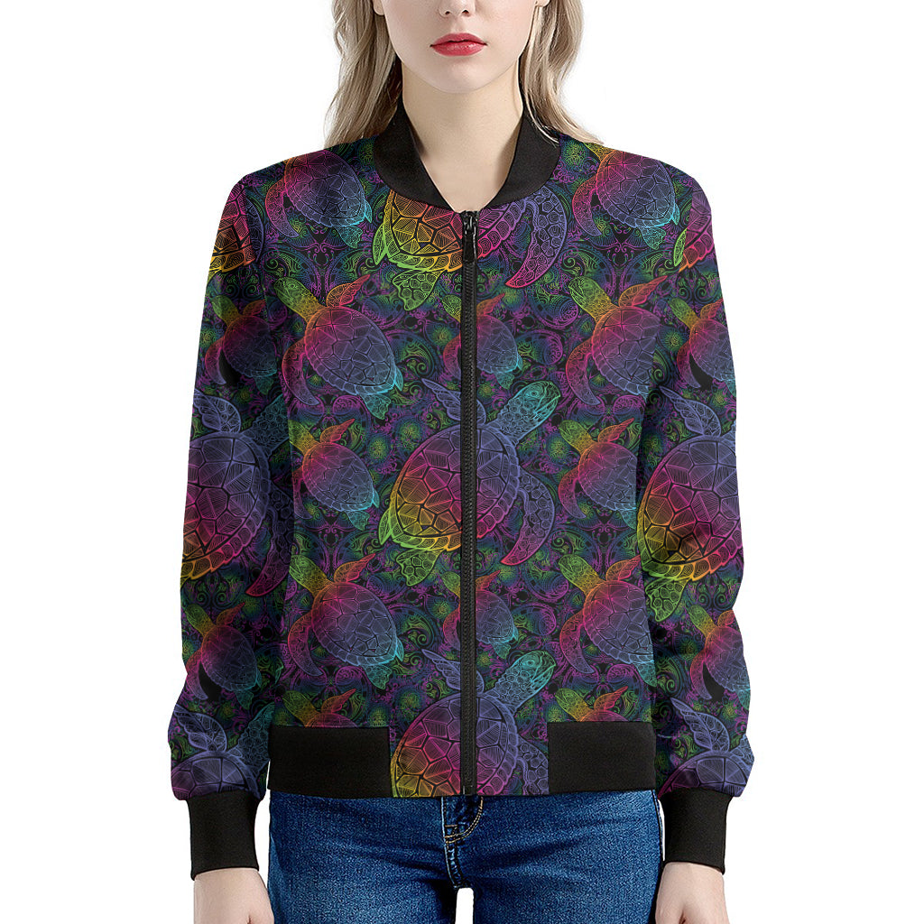 Colorful Sea Turtle Pattern Print Women's Bomber Jacket