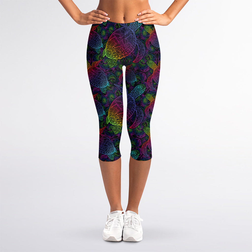 Colorful Sea Turtle Pattern Print Women's Capri Leggings